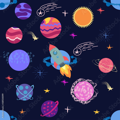 Seamless outer space ufo rocket science kids background pattern