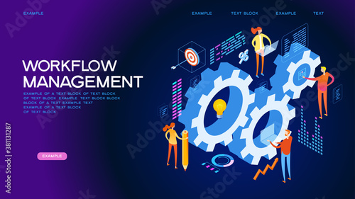 Organization and management of the workflow. Design and automation of work processes. Increase the productivity of your office. Banner template. Flat isometric vector illustration.