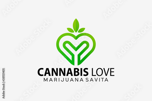 Letter M Cannabis Love Logo Design Vector Illustration