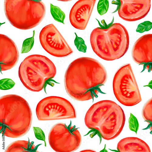 Seamless raster pattern with hand drawn tomatoes and basil. Color gouache illustration on white background.