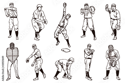 Group of vintage baseball players in row, after antique illustrations from 19th century