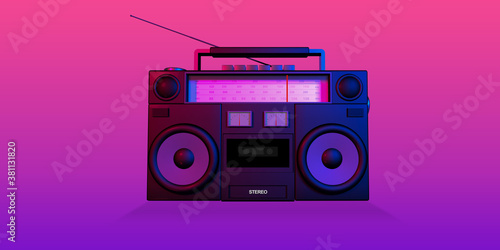 3d rendering, Realistic mock up of retro radio with antenna up, Close up of front view shot, pink and blue neon light color background