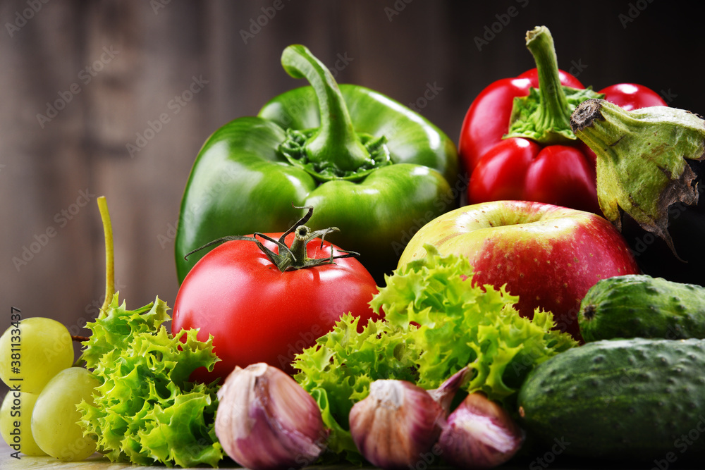 Composition with fresh organic vegetables and fruits Composition with fresh organic vegetables and fruits