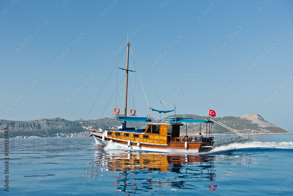 Sunny day at sea, boat is heading to Kekova island, near city of Kas, Turkey