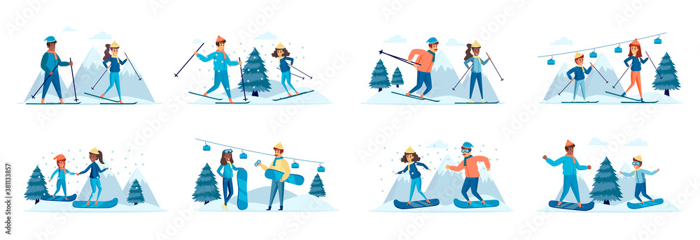 Fototapeta premium Winter sports activities bundle of scenes with people characters. Happy skiers and snowboarders having fun on ski resort conceptual situations. Wintertime holidays vacation cartoon vector illustration