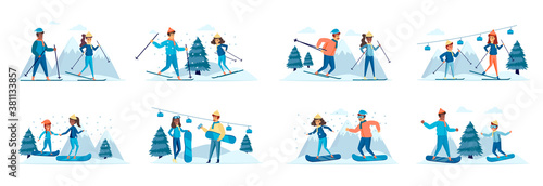 Winter sports activities bundle of scenes with people characters. Happy skiers and snowboarders having fun on ski resort conceptual situations. Wintertime holidays vacation cartoon vector illustration