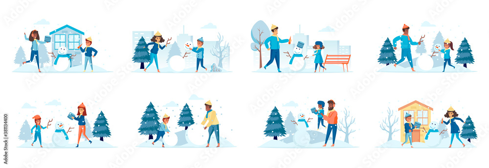 Building snowman bundle of scenes with flat people characters. Parents with kids making snowman outdoors at snowfall conceptual situations. Wintertime holidays vacation cartoon vector illustration.