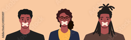African American Man and Woman Activist, Journalist or Rioters Silenced by Government or Company for Raising their Voice or Speak About Injustice in Public. Flat Design Cartoon Vector Illustration.