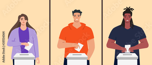 Young Man and Woman Putting Vote Paper into Election Box for General Regional or Presidential Election During Pandemic. Big People Flat Design Cartoon Style Vector Illustration