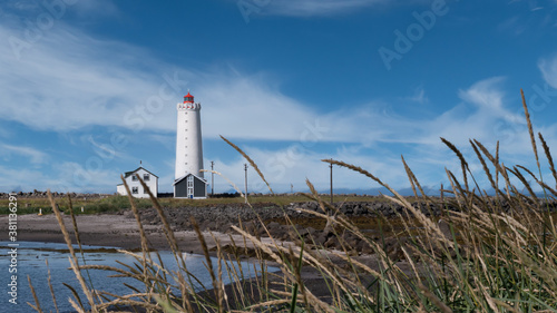 Lighthouse on the island of Grótta near Reykjavik, Iceland. The island is accessible via a causeway at low tide.