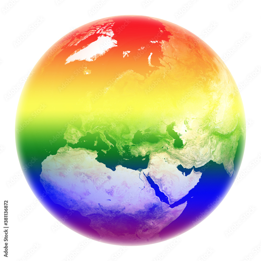 Earth in LGBT pride flag rainbow colors isolated on white