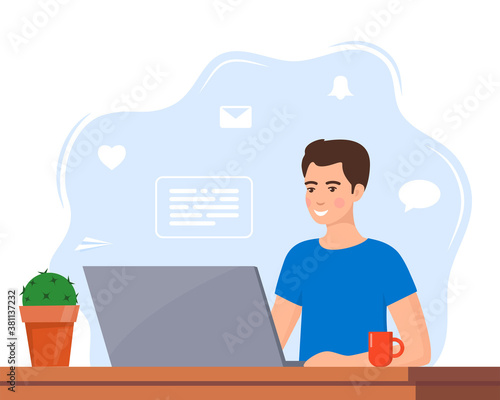 Young man working on laptop at home office. Freelancer at work, remote work. Young man sitting at a desk with a laptop and coffee cup. Flat style color modern vector illustration.