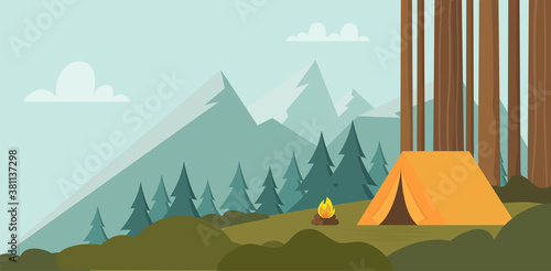 Landscape with forest campsite against mountains in background. Orange tent in forest. Banner  poster for Climbing  hiking  trakking sport  adventure tourism  travel  backpacking. Vector illustration.