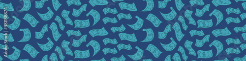 Falling dollar cash seamless horizontal border. Hand drawn money on green background. Vector illustration.