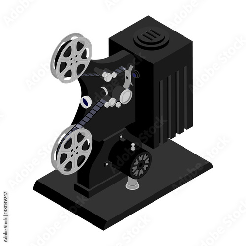 Old retro cinema movie projector isolated on white background. Isometric view.