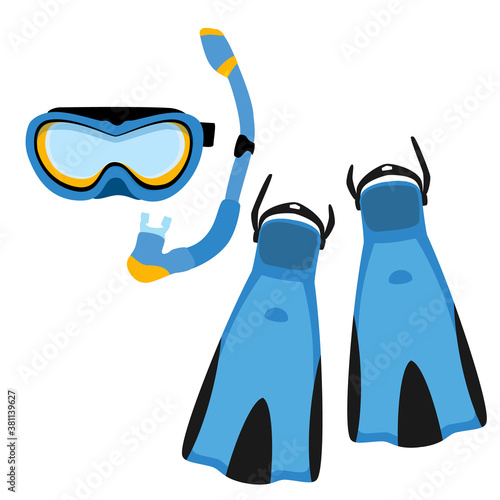 Blue diving maks, diving tube, swimming equipment, flippers