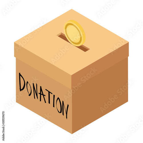 Donation and charity concept. Putting coin into box for donation.