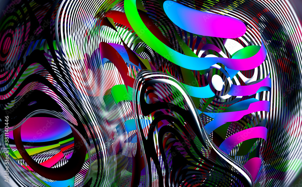 3d render of abstract art of 3d background with organic surreal object in curve wavy forms in matte metal with color parts in rainbow color in zebra lines pattern on black 3d render of abstract art of 3d background with organic surreal object in curve wavy forms in matte metal with color parts in rainbow color in zebra lines pattern on black