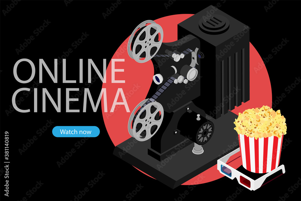 Obraz premium Online cinema art movie watching with popcorn, 3d glasses and cinema projector cinematography concept. Vector. Isometric view.