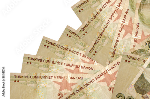 20 Turkish liras bills lies in different order isolated on white. Local banking or money making concept photo