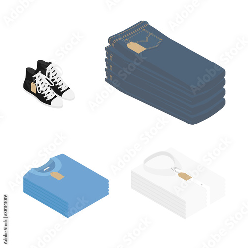 Stack of blue jeans, white folded shirt, blue t-shirt and converse sneakers shoes