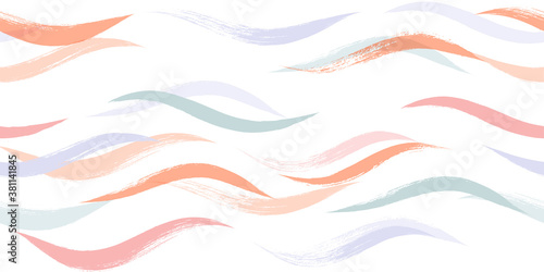 Seamless Wave Pattern, Hand drawn water sea modern vector background. Wavy beach brush stroke, curly grunge paint lines, watercolor illustration