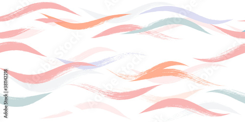 Seamless Wave Pattern, Hand drawn water sea modern vector background. Wavy beach brush stroke, curly grunge paint lines, watercolor illustration