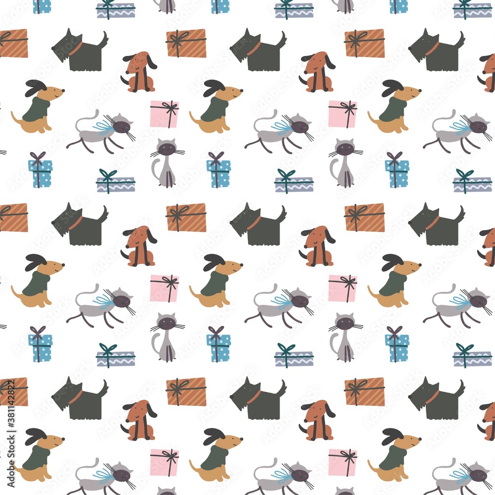 Seamless pattern with dogs and cats. Christmas time