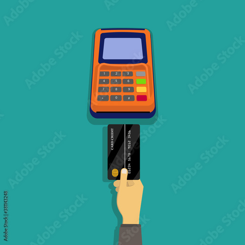Hand loading ATM card or credit card into the EDC machine, flat design vector illustration