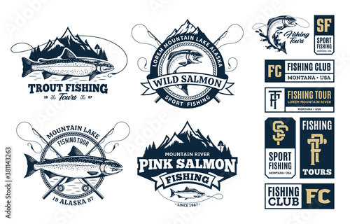 Vector fishing logo and illustrations. Fishing tournament, tours and camps badges