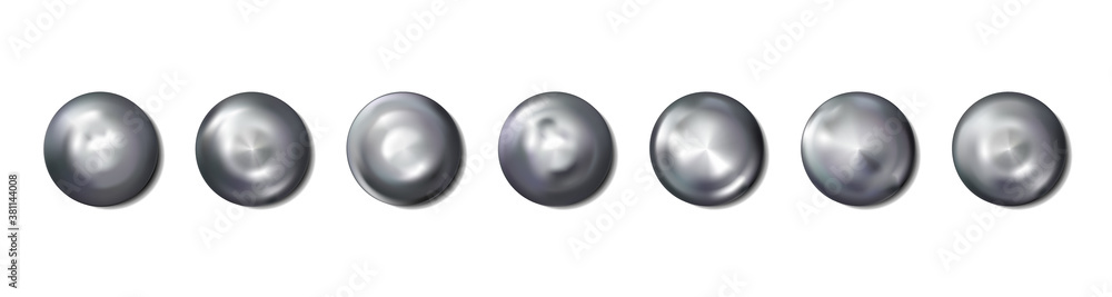 Realistic Construction rivets heads metal set isolated on white background. Shiny caps. In surface top view of wide a hats metalwares. Vector illustration