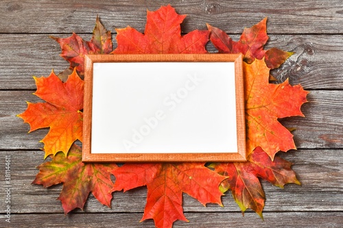 Teacher's Day. Autumn composition. Empty frame for an inscription and red maple leaves. Copy space. Top view, flat lay. Autumn concept. Greeting Card.