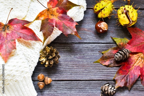 autumn still life. White warm sweater and autumn leaves on a wooden background. Flat lay, top view of autumn decoration. copy space. 