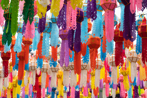 background, colorful lanterns hanging on the rope. lantern festival decorated in Thailand.