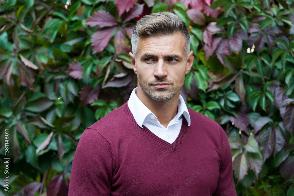 mature unshaven man outdoor. male fall season fashion. handsome guy on autumn leaves background. male beauty concept. confident businessman wear casual business clothes mature unshaven man outdoor. male fall season fashion. handsome guy on autumn leaves background. male beauty concept. confident businessman wear casual business clothes