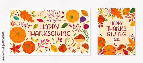 Thanksgiving postes with leaves and floral elements in fall colors.Greetings cards perfect for prints; flyers; banners; invitations.Trendy fall designs.Vector autumn illustrations