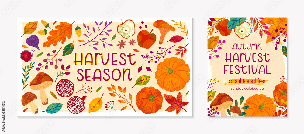Bundle of autumn harvest fest banners with pumpkins,mushrooms,eggplant,apple,zucchini,tomatoes,corn,beet,berries and floral elements.Local food fest design.Agricultural fair.Harvest season.