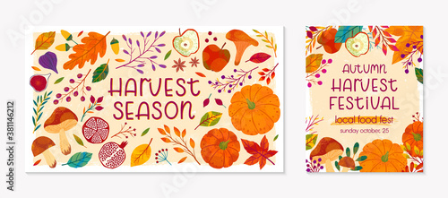 Bundle of autumn harvest fest banners with pumpkins,mushrooms,eggplant,apple,zucchini,tomatoes,corn,beet,berries and floral elements.Local food fest design.Agricultural fair.Harvest season.