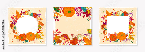 Autumn seasonals templates with leaves and floral elements in fall colors.Vector layouts perfect for prints,flyers,banners,invitations.Trendy fall banners.Autumn illustrations with copy space for text