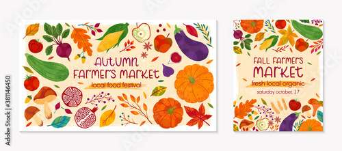 Bundle of autumn farmers market banners with pumpkins,mushrooms,eggplant,apple,zucchini,tomatoes,corn,beet,berries and floral elements.Local food fest design.Agricultural fair.Harvest season.