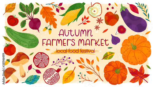Autumn farmers market banner with pumpkins,mushrooms,eggplant,apple,zucchini,tomatoes,corn,beet,berries and floral elements.Local food fest design.Agricultural fair.Harvest season.