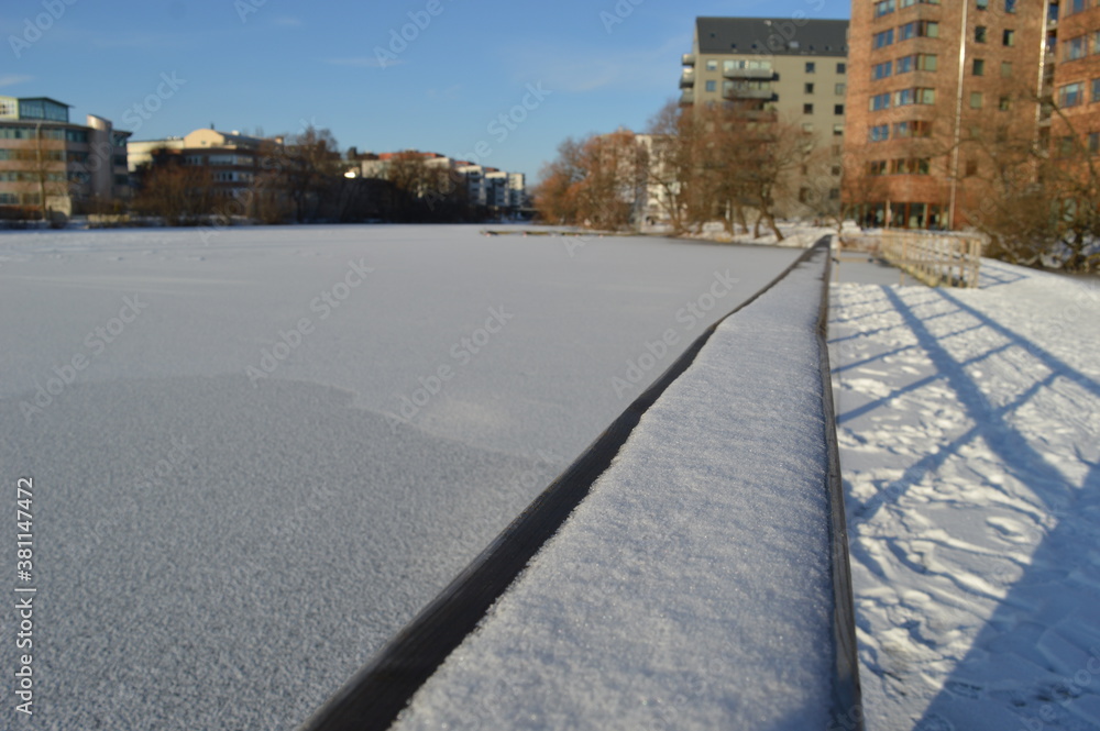 Fototapeta premium Winter wonderland and snowy landscape in Sundbyberg, (Stockholm), Sweden