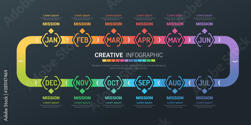 Timeline presentation for 12 months, 1 year, Timeline infographics design vector and Presentation business can be used for Business concept with 12 options, steps or processes. 