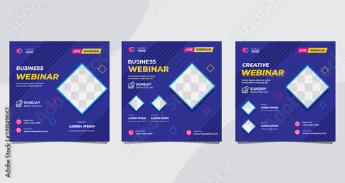 Set of minimalist social media post template for Business Webinar, Creative webinar, Online Education and other online seminars. with Navy color and Memphis style background