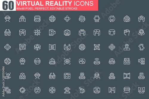 Virtual reality thin line icon set. 3d simulation and computer vision outline pictograms for web and mobile app GUI. VR technology simple UI, UX. Grid 48x48 pixel perfect linear vector icons pack.