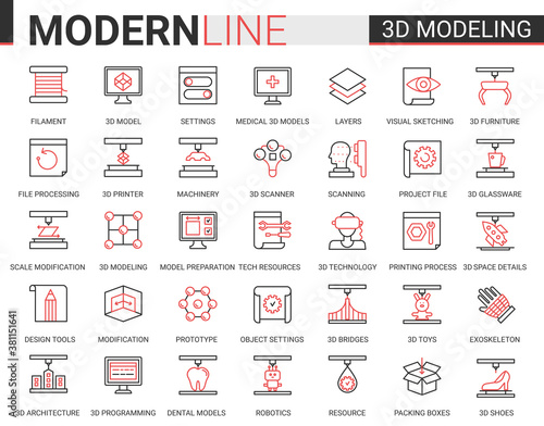 3d printing science technology flat web icon vector illustration set. Red black thin line creative design with 3d modelling modern cyber tech printer equipment machinery, future scientific innovations