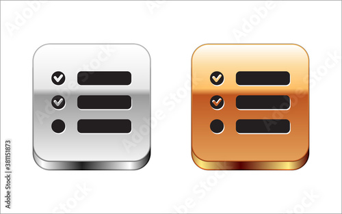 Black Task list icon isolated on white background. Control list symbol. Survey poll or questionnaire feedback form. Silver-gold square button. Vector Illustration.