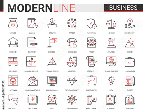 Business flat thin red black line icon vector illustration set with outline infographic symbols of success business strategy for money savings growth, successful planning budget and office work