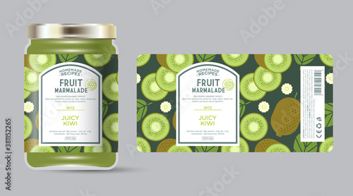 Label and packaging of kiwi marmalade. Jar with label. Text in frame with stamp (sugar free) on seamless pattern with fruits, flowers and leaves.