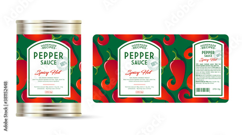 Pepper Sauce Spicy Hot label and packaging. Can with label. Text in frames on seamless pattern with ripe peppers.